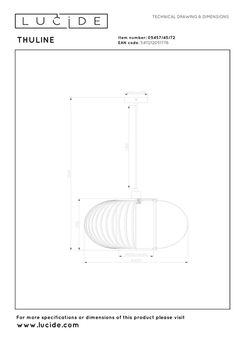 Lucide THULINE - Hanglamp - Ø 45 cm - 1xE27 - Lichte houtlook - Essential - technisch